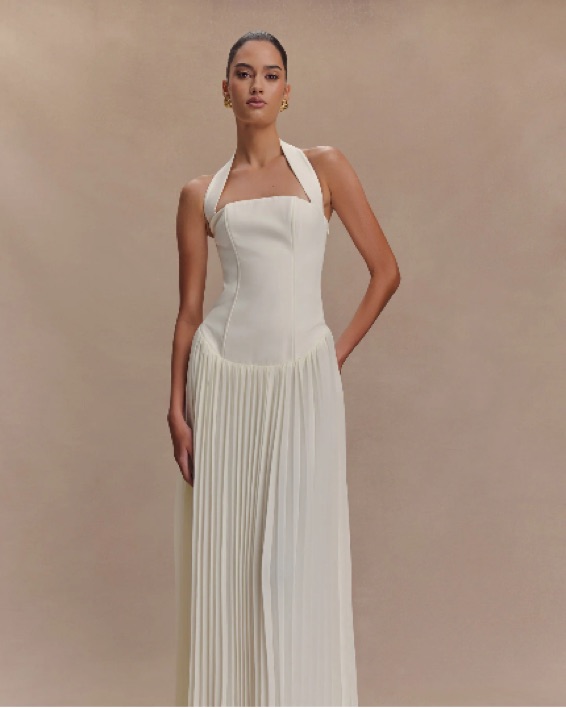Stacie Pleated Halter Maxi Dress by Meshki - Pickle