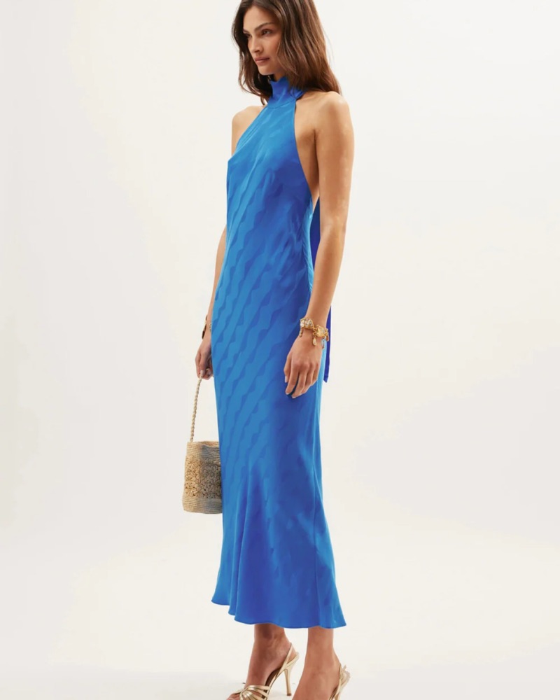 slim fit dress slacks Maura Halterneck Midi Dress in Brown Mink