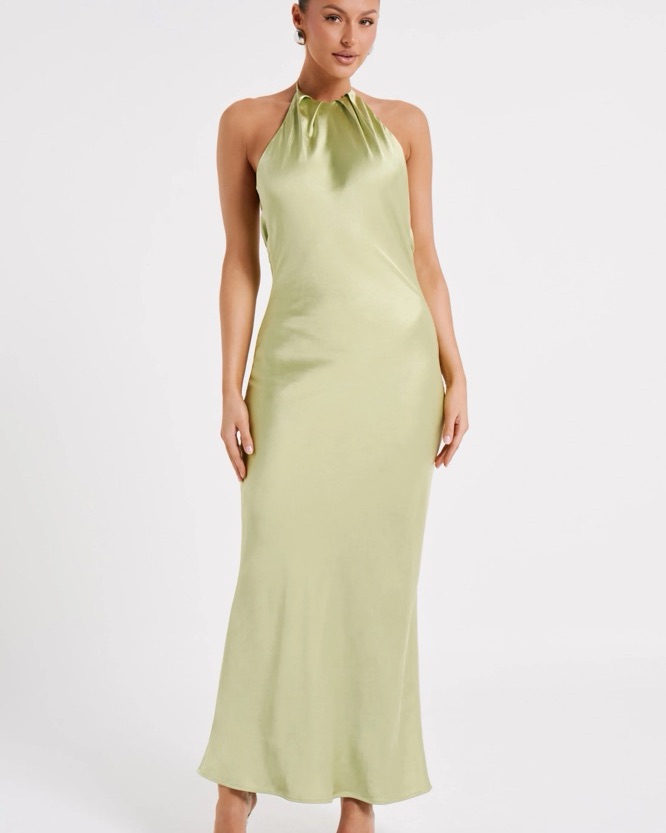 slim fit dress slacks Larissa Satin Maxi Dress with Ruched Petals / Sage | Meshki main image 1