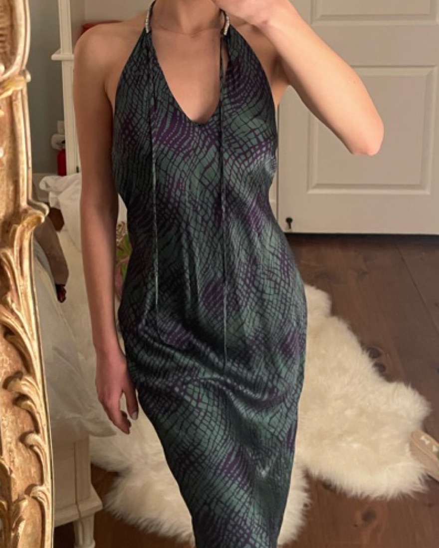 00s SILK MIDI DRESS W CRYSTAL COLLAR - Image 1