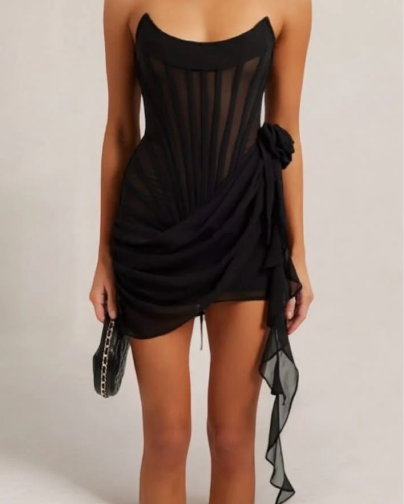 knee length dresses for ladies Elegant Strap Black Tulle Mesh Corset Maxi Dress Back Tie-Up – EDITE MODE main image 0