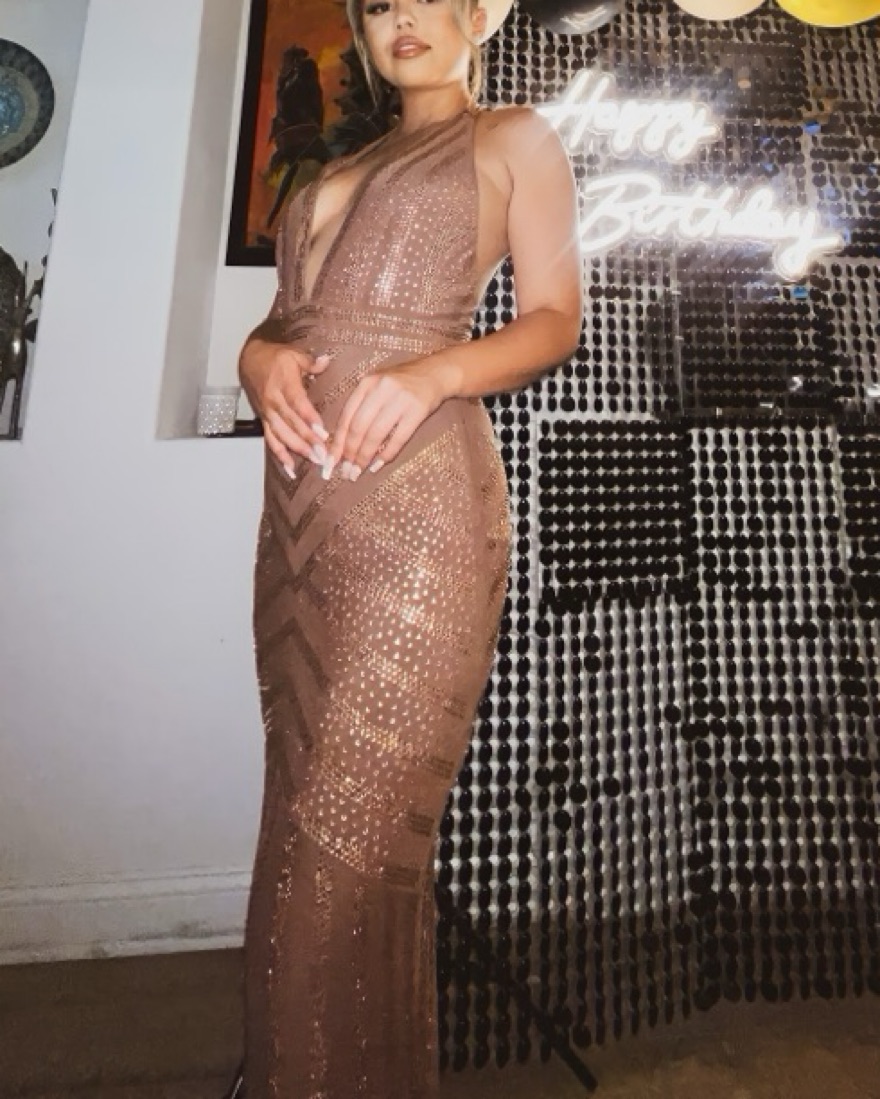 slim fit dress slacks Gioana Rosegold One-shoulder Sequined Mesh Sequin Sequin Maxi Dress Sparkly  – unmatchedbyu main image 0