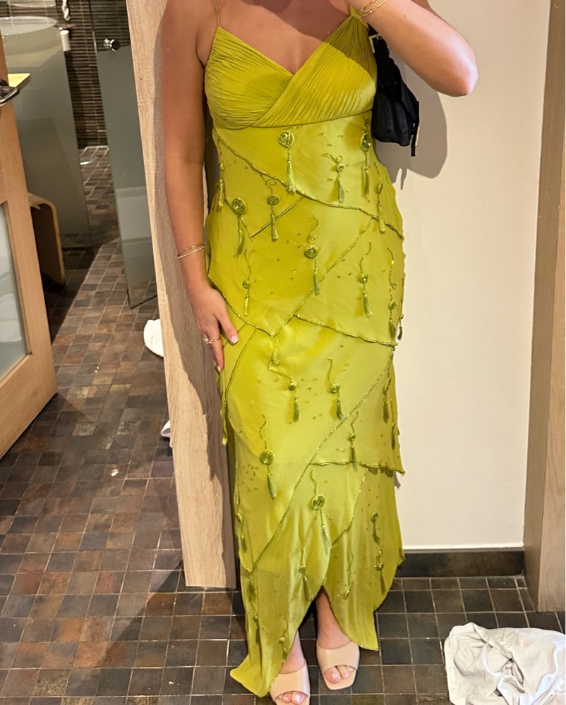 green emerald velvet dress Sue Wong Green Silk Fringe Beaded Dress