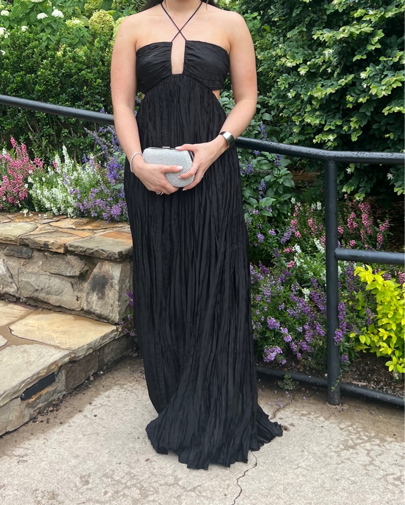 open lace back dress Black Shimmer Pleated V-Neck Gown