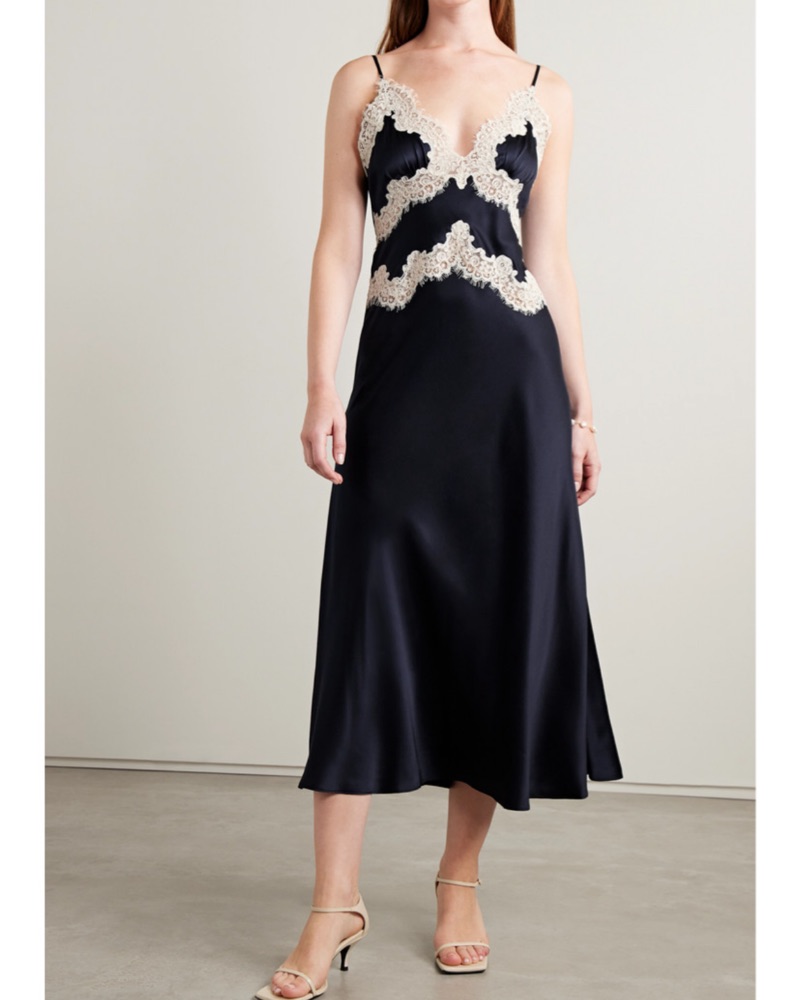 chinese dress ladies Satin Midi Dress with Lace Trim