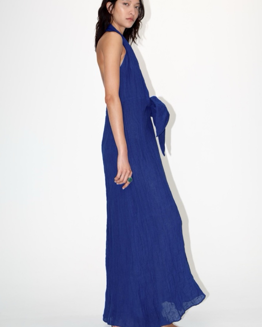 Zara Blue Linen Plunge Halter Dress by Zara - Pickle