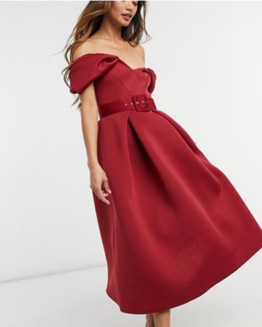 Stunning Red Off-Shoulder Midi Dress - Image 1