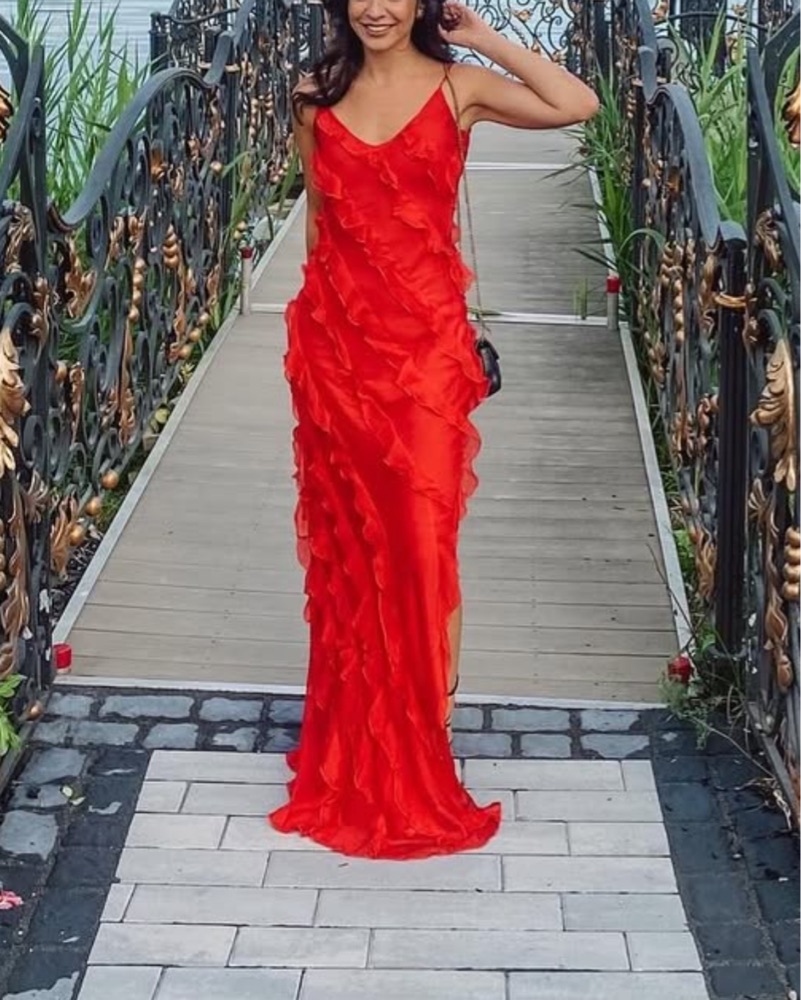 open lace back dress Rat & Boa Red Strappy Ruffle Dress Size XXS