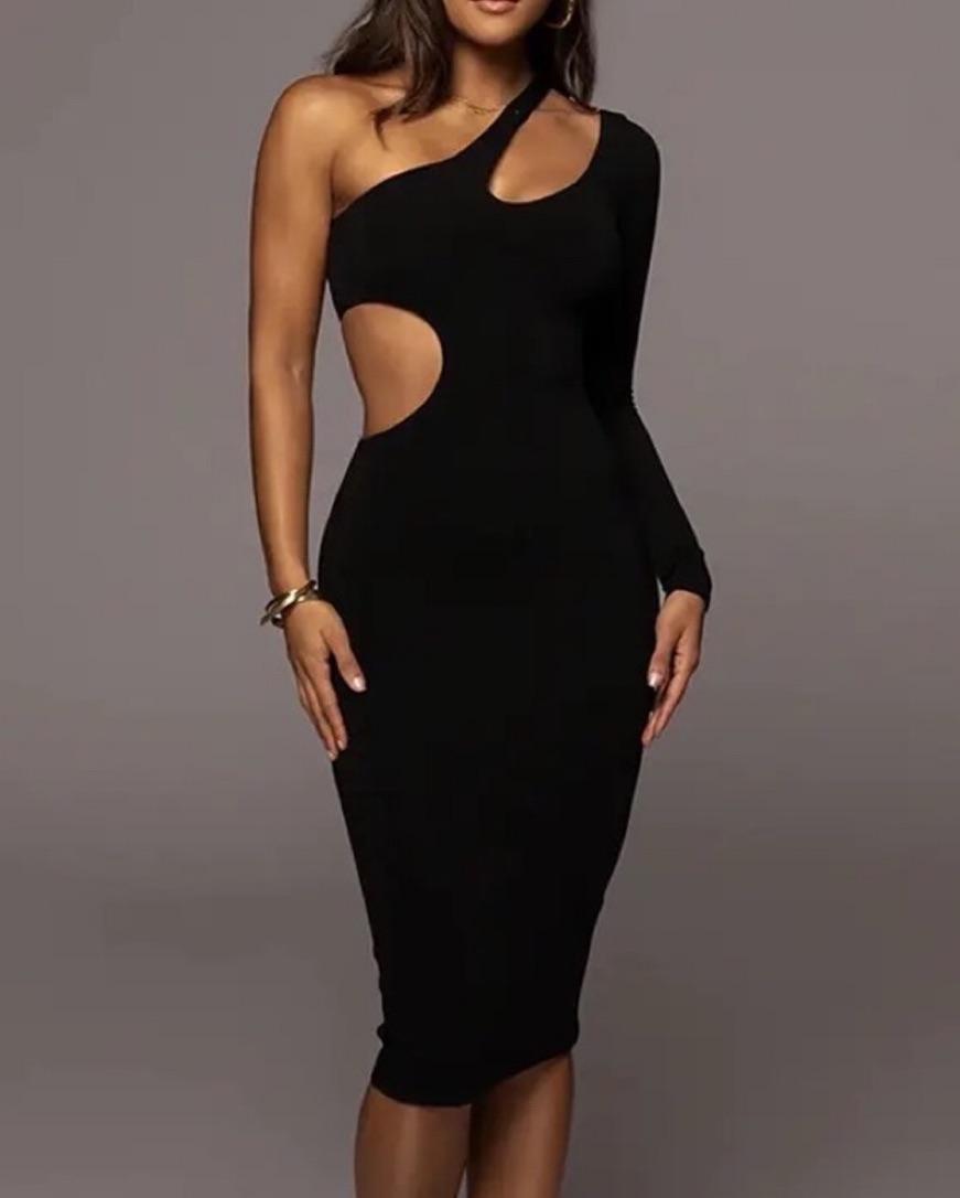 Sexy One Shoulder Dress Women Solid Colo - Image 1