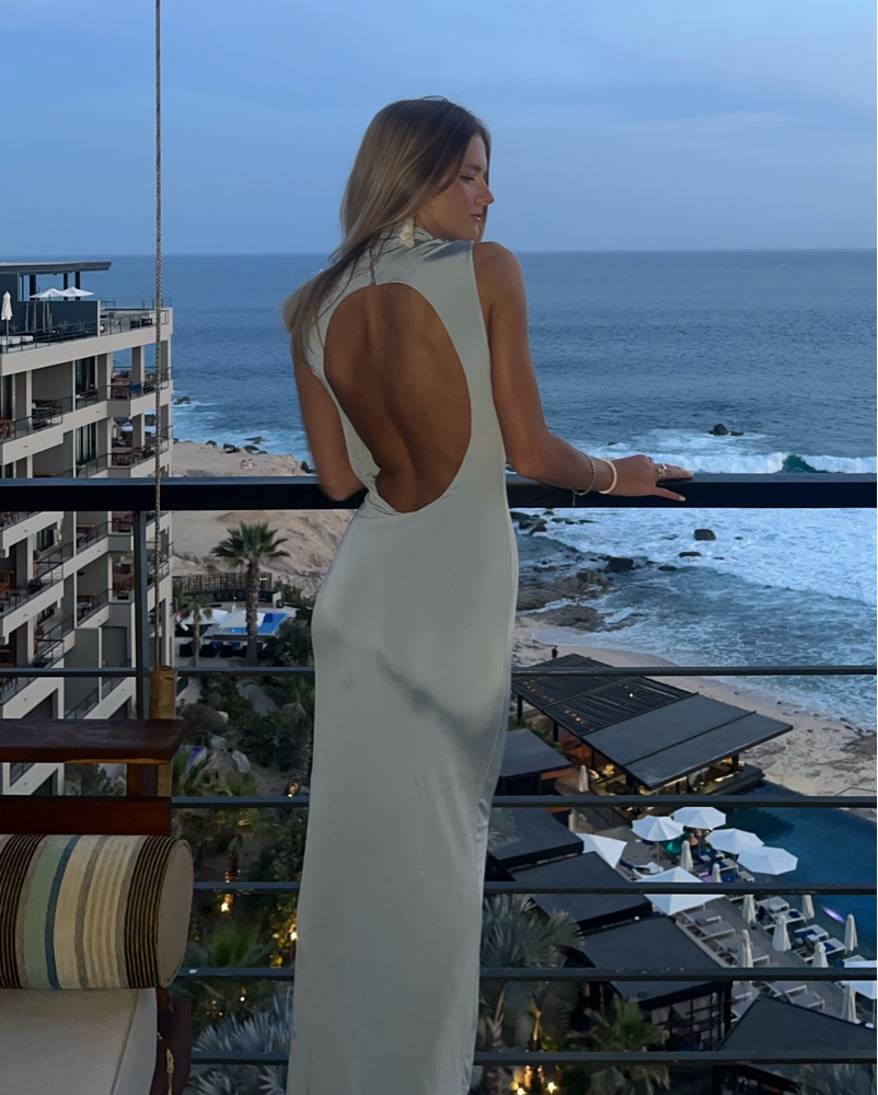 fitted lace wedding dress Zaira | Silver Sequin High-Neck Maxi Dress with Open-Back main image 0