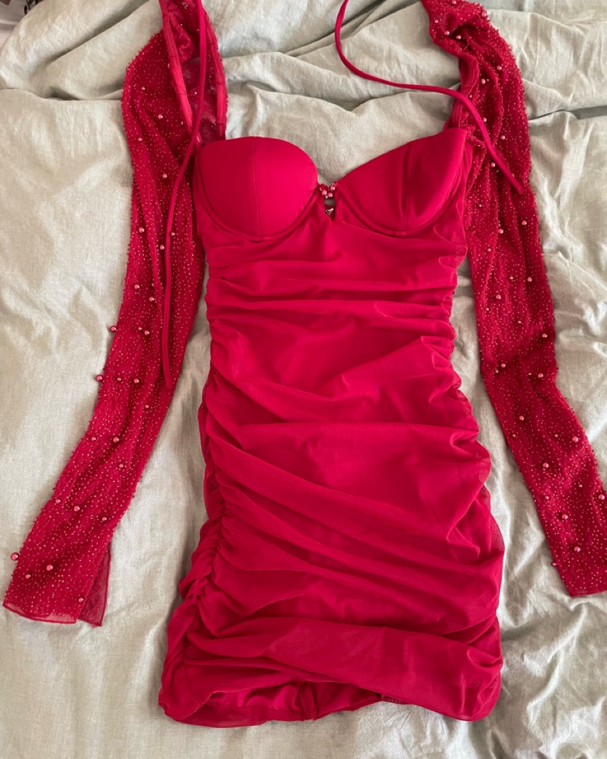 Oh Polly Embellished Long Sleeve Red Dre - Image 3