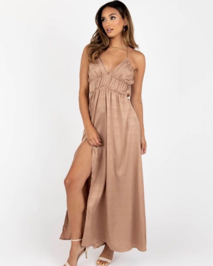 Bronze Kittenish Halter Maxi Dress by Kittenish - Pickle