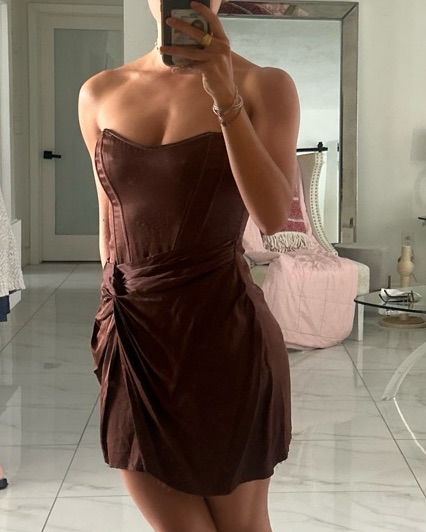 strapless brown dresses Shiloh Brown Faux Suede Western Embroidered Bodycon Strapless Mini Dress L / Brown
