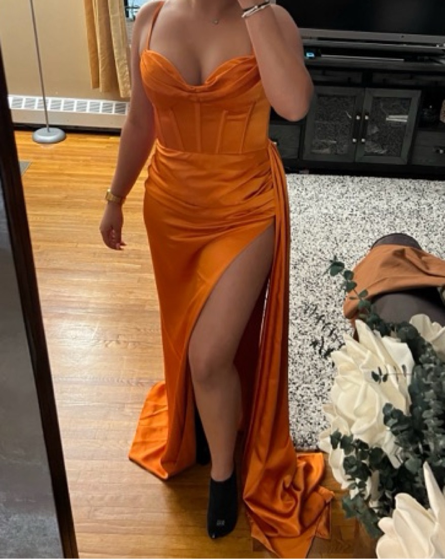 open lace back dress Miss Circle Women Elayna Orange Strappy Satin Corset High Slit Gown