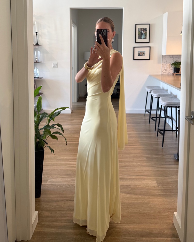 One-Shoulder Yellow Gown with Drape by Amazon - Pickle
