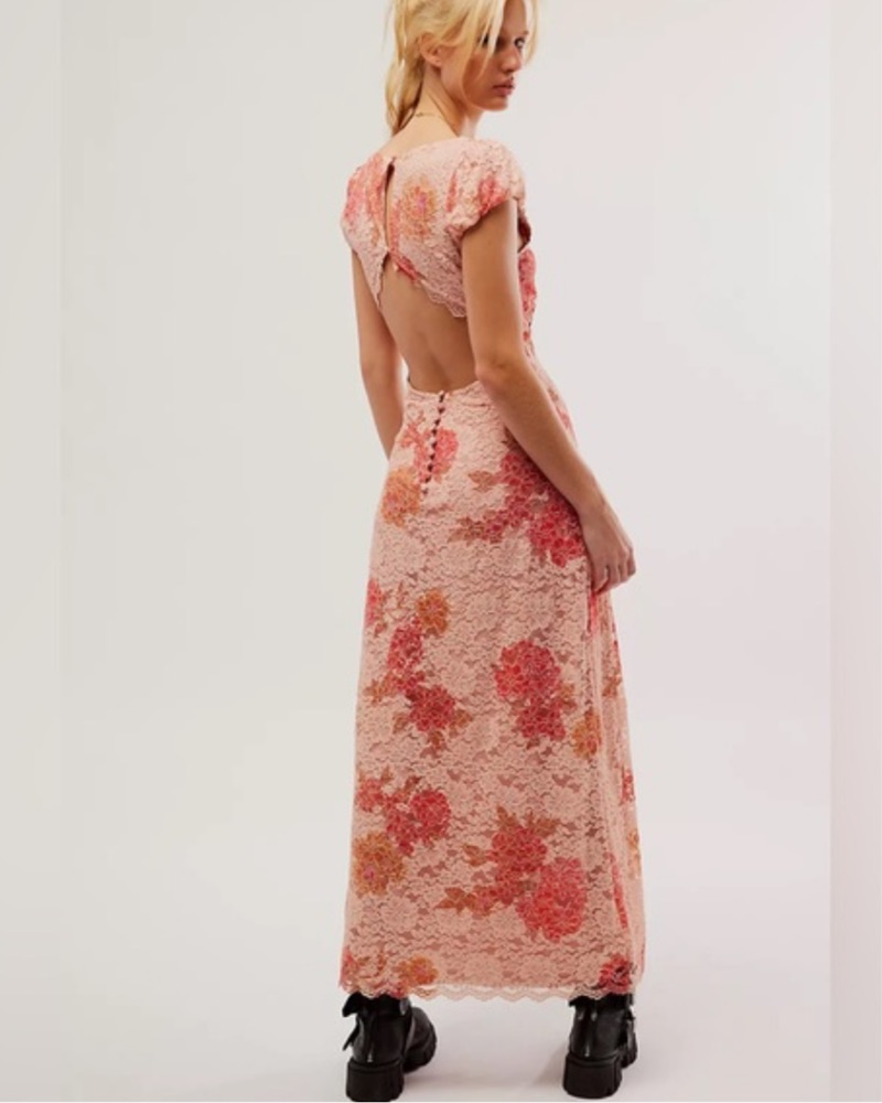 chinese dress ladies Free People Red Floral Mini Dress with Lace Trim, Open Back and Balloo –  The Thrifty Hippy main image 1