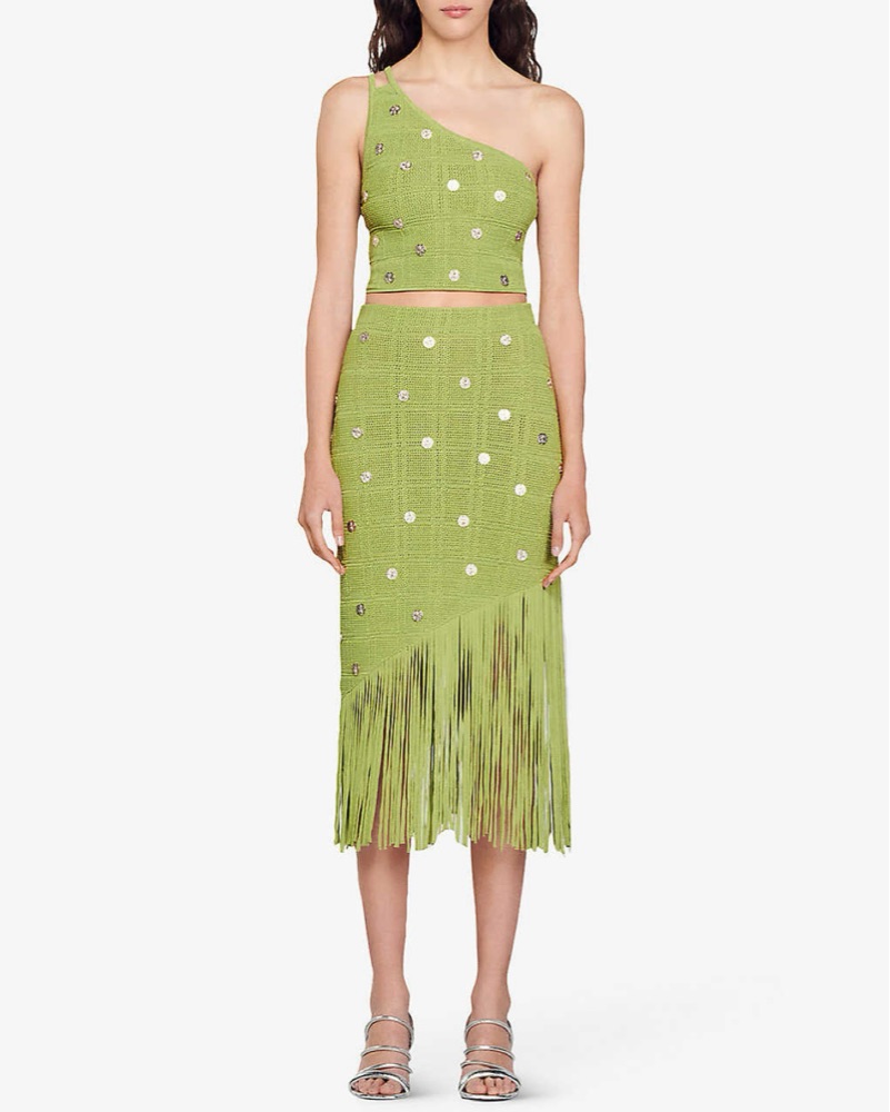 slim fit dress slacks SANDRO Rib knitted Midi dress in green for women