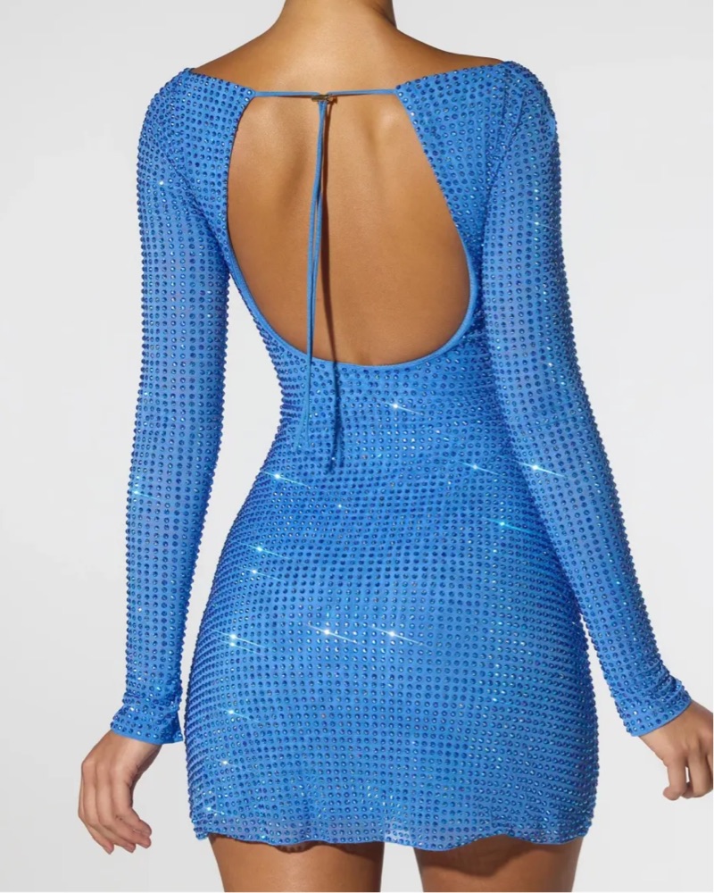 Long Sleeve Blue Embellished Mini Dress - Image 3
