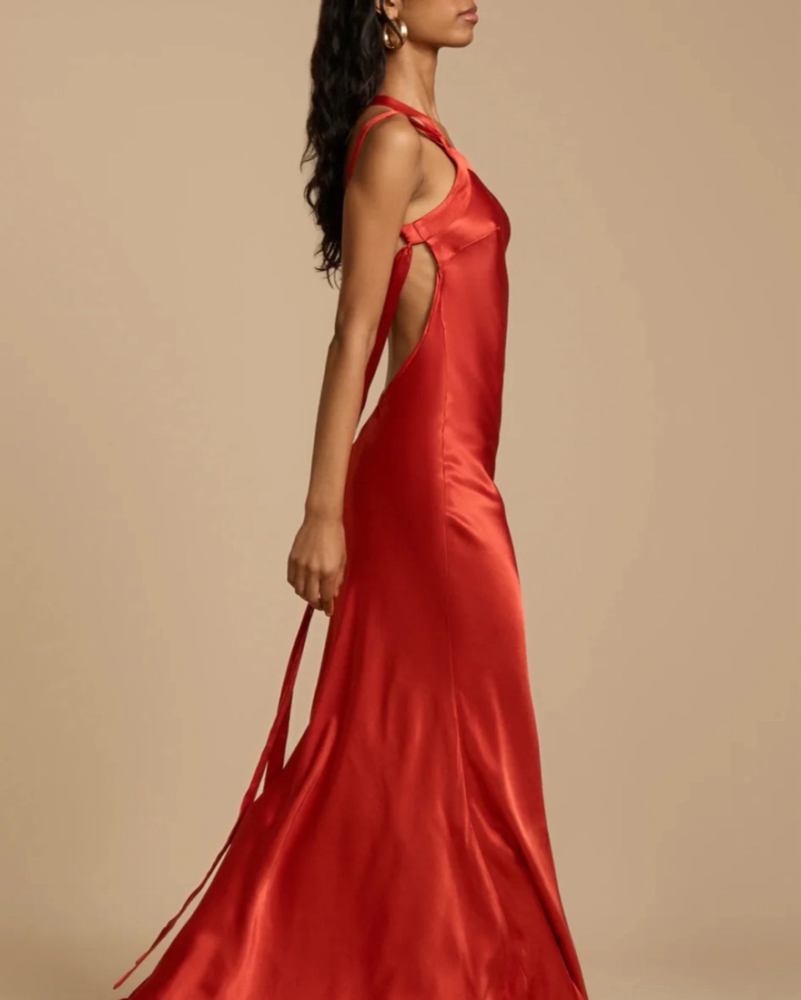 strapless open back dress Rust Red Cowl Neck Long Bridesmaid Dress  Modsele