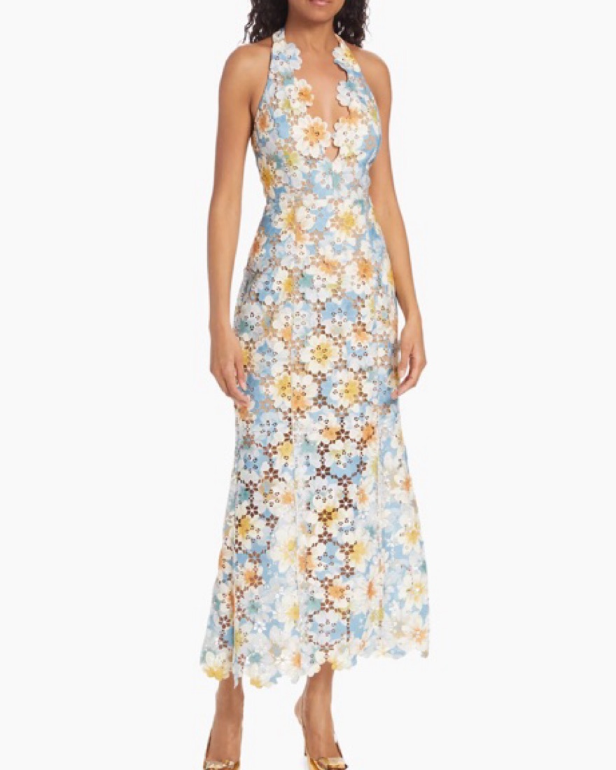 slim fit dress slacks Gold Floral Lace Square Neck Halter Mini Dress