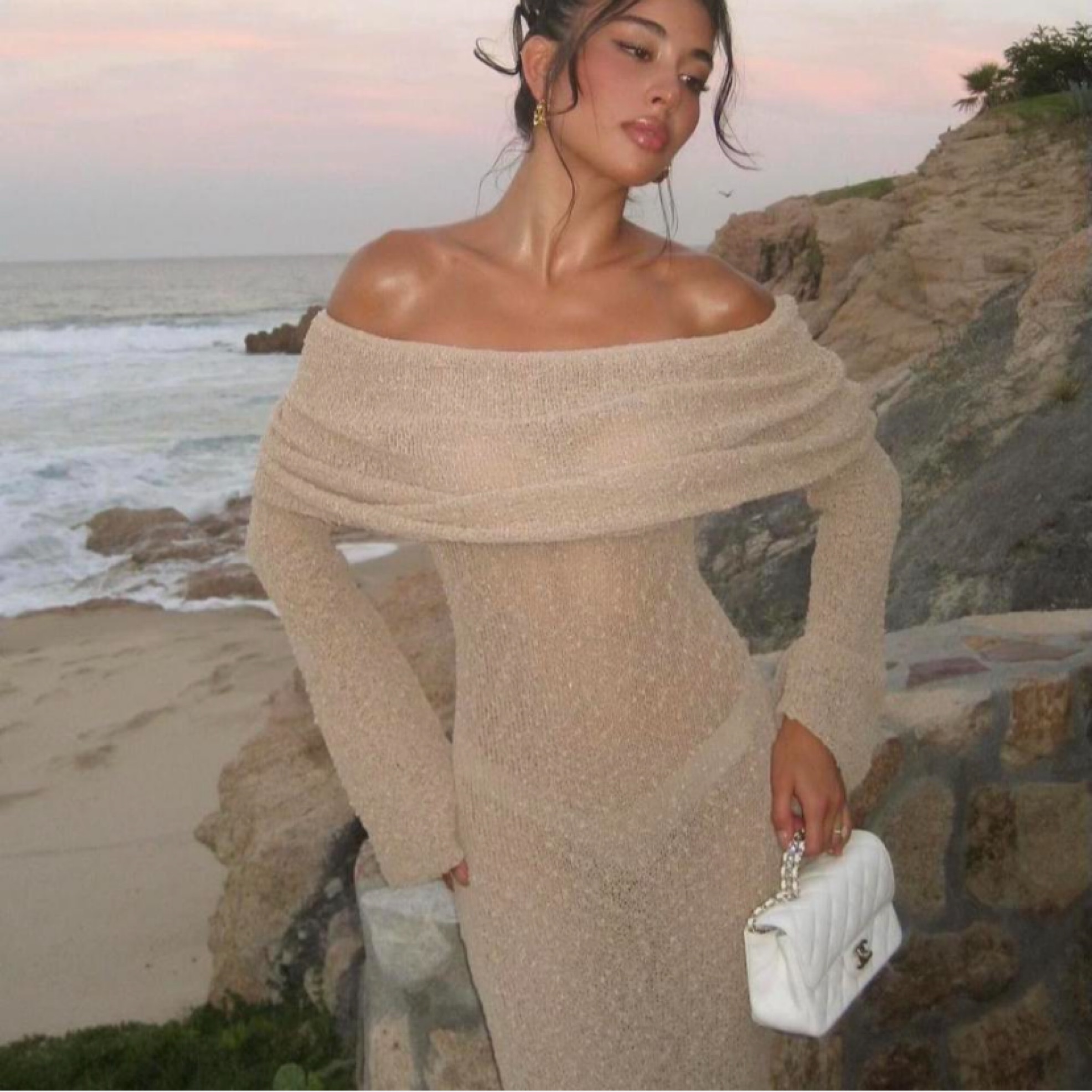 chinese dress ladies Boucle Knit Off-Shoulder Maxi Dress  Naked Wardrobe