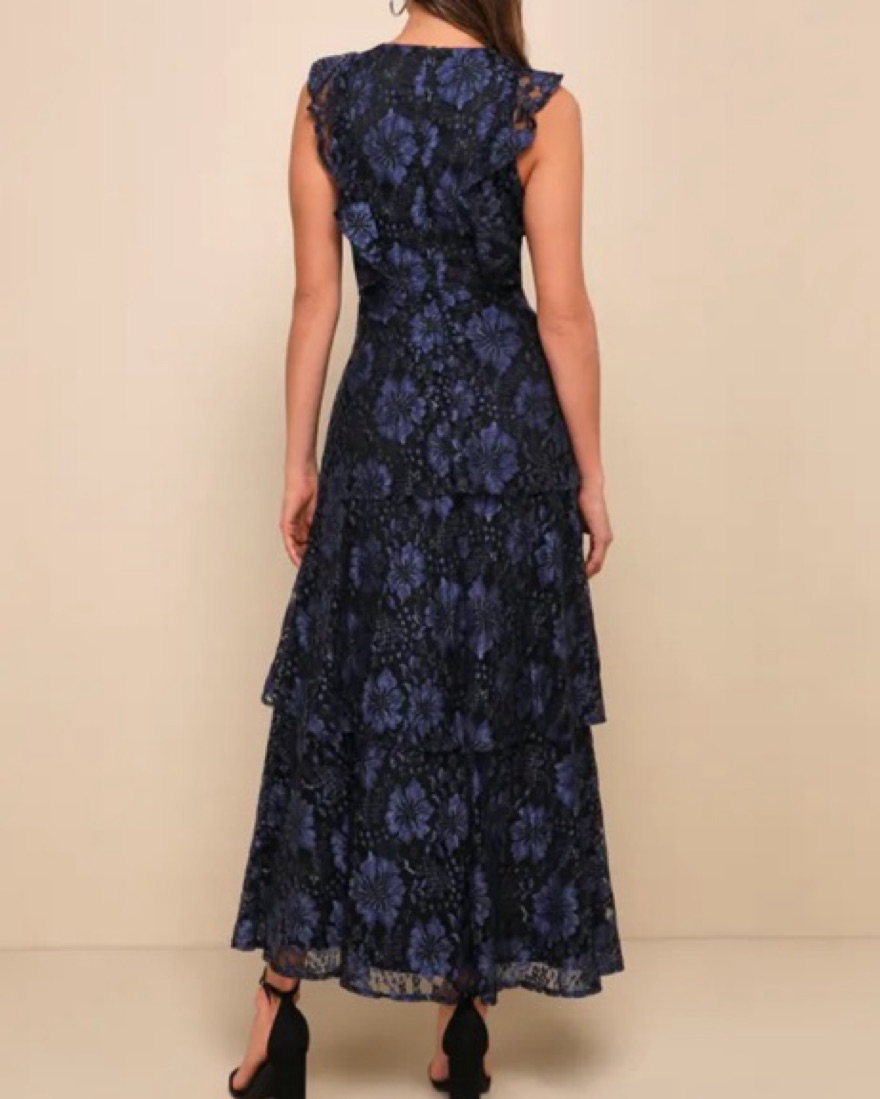 navy embroidered lace sol dress Navy & White Eyelet Midi Dress – Belted Embroidered Dress main image 1