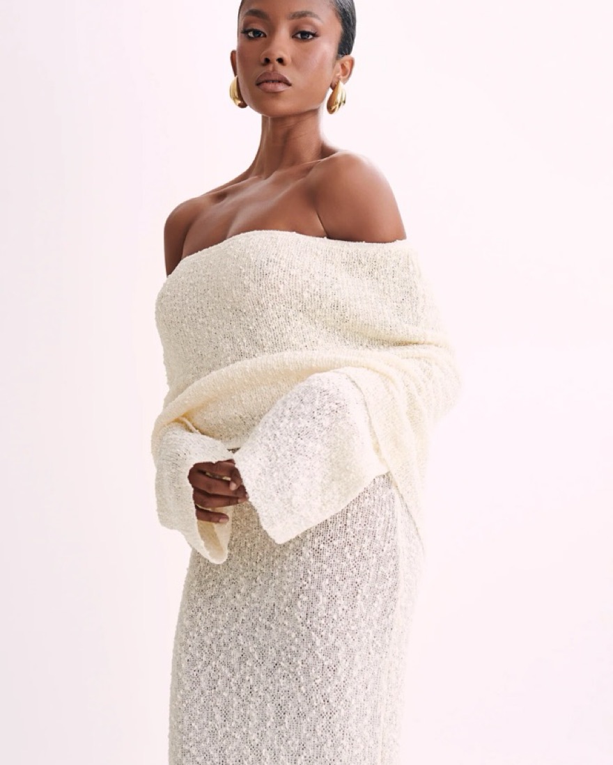 chinese dress ladies Marisol Off Shoulder Boucle Maxi Dress - Ivory main image 1