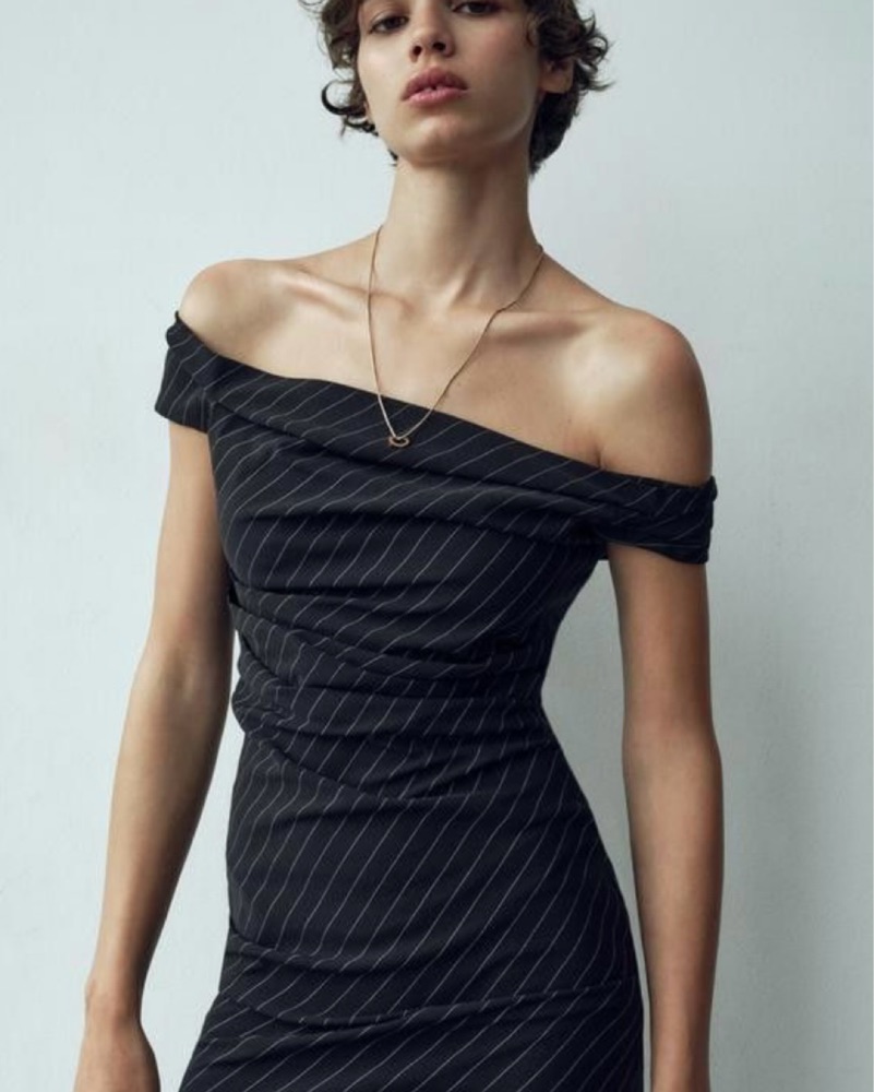 Zara Pinstripe Off Shoulder Mini Dress - Image 1
