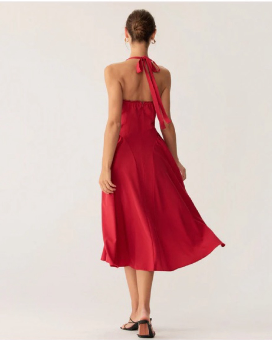 knee length dresses for ladies Tiril Red Ruched Lace Panel Meah Midi Dress (Final Sale), M / Red