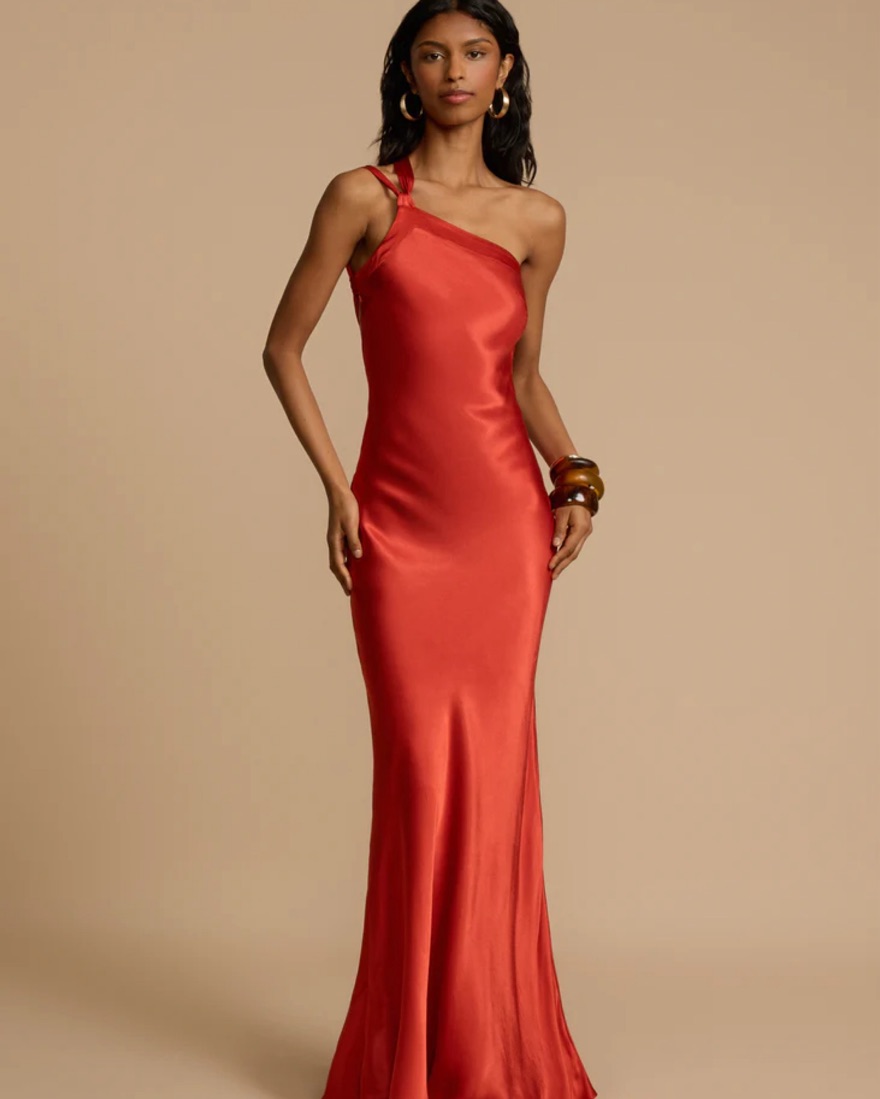 fitted lace wedding dress Elegant Rust Red Dramatic Sleeves Evening Dress with Gloves SF490 – Sharon  Said main image 1