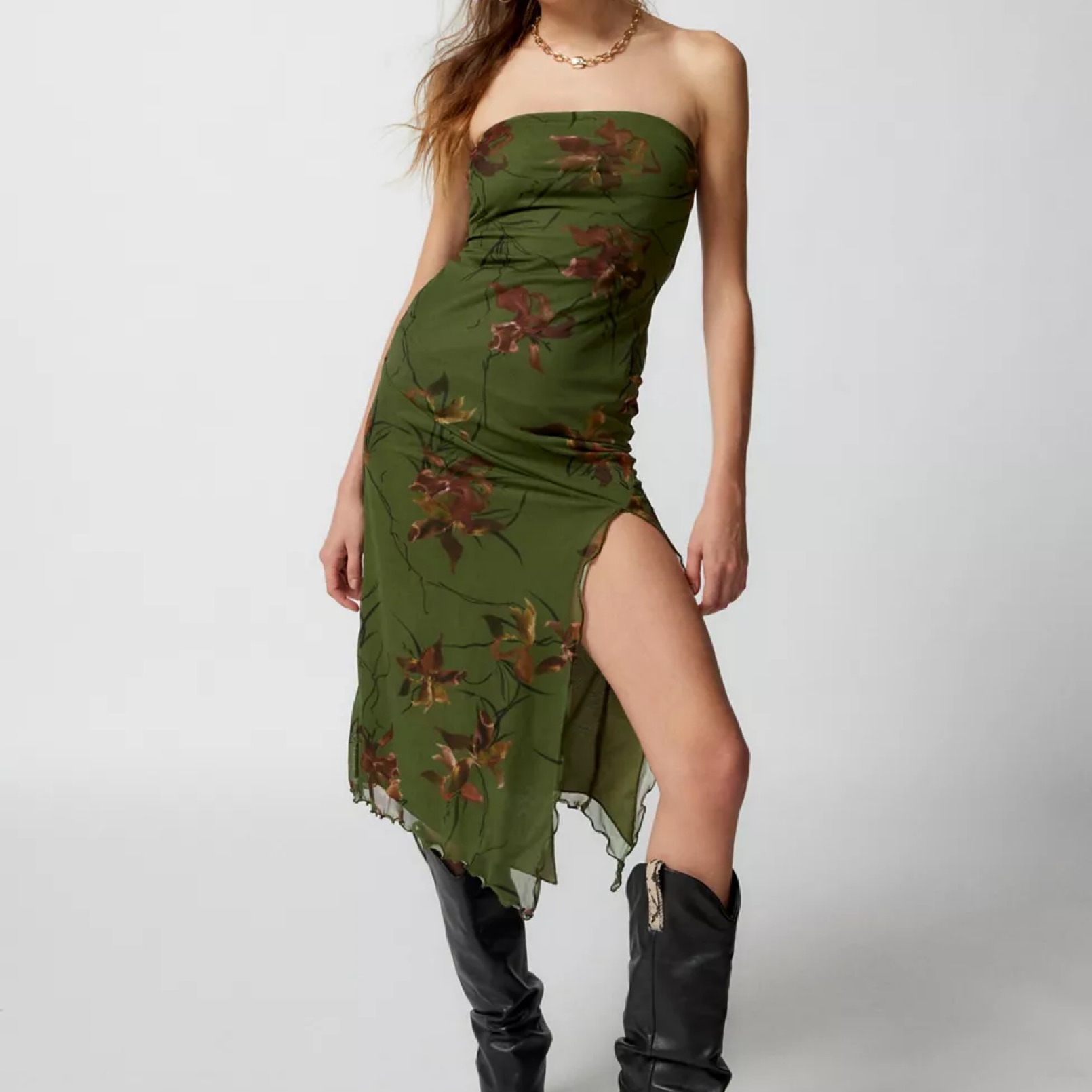 UO Mesh Strapless Midi Dress by Urban Outfitters - Pickle