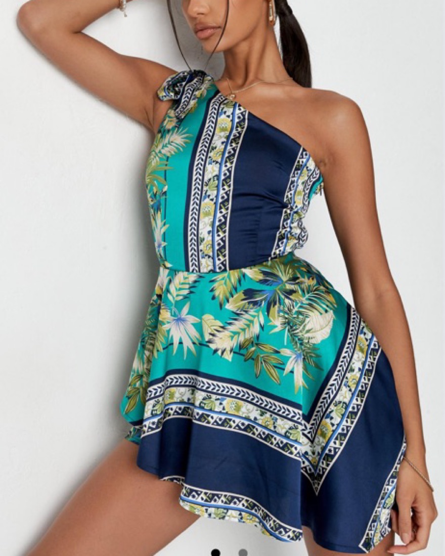 Blue Mix Print One Shoulder Romper - Image 1