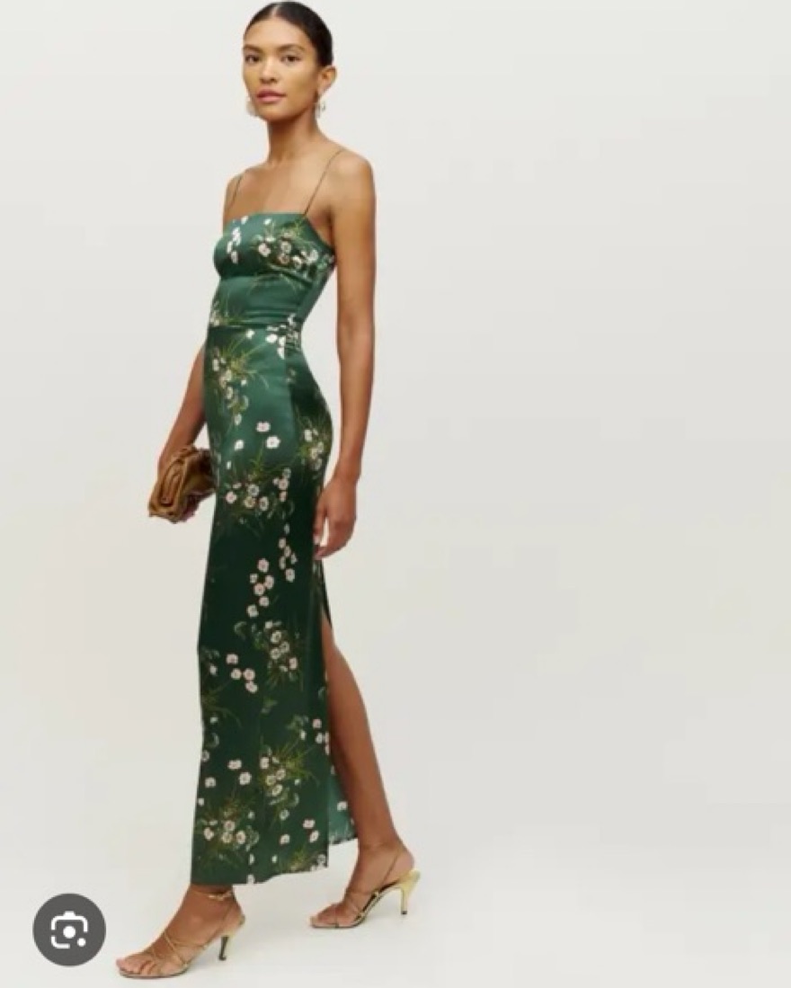 green emerald velvet dress Reformation Hensley Artichoke Satin Sweetheart Neck Maxi Dress – The Closet  New York main image 0