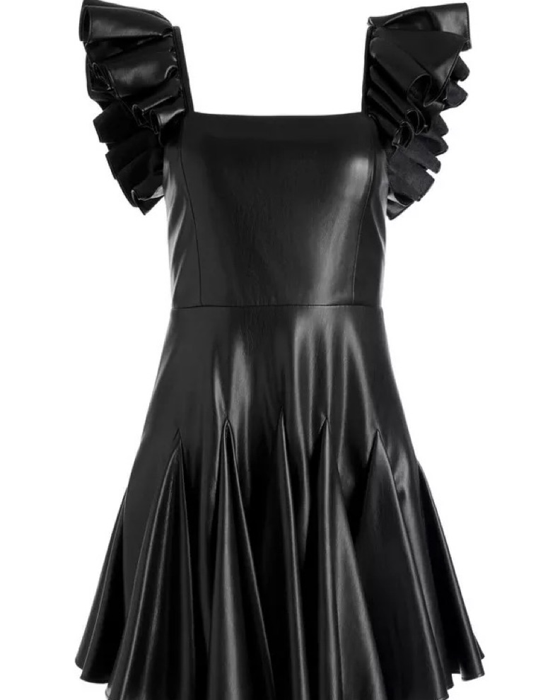 chinese dress ladies Faux Leather Ruffle Button Down Belted Dress Black / Small main image 1