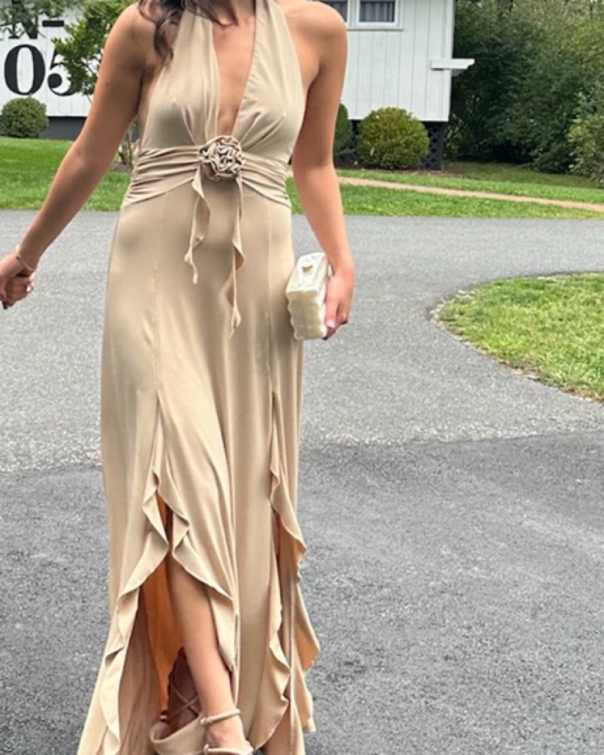 slim fit dress slacks Women's Halter Neck Pleated Ruffle Maxi Dress