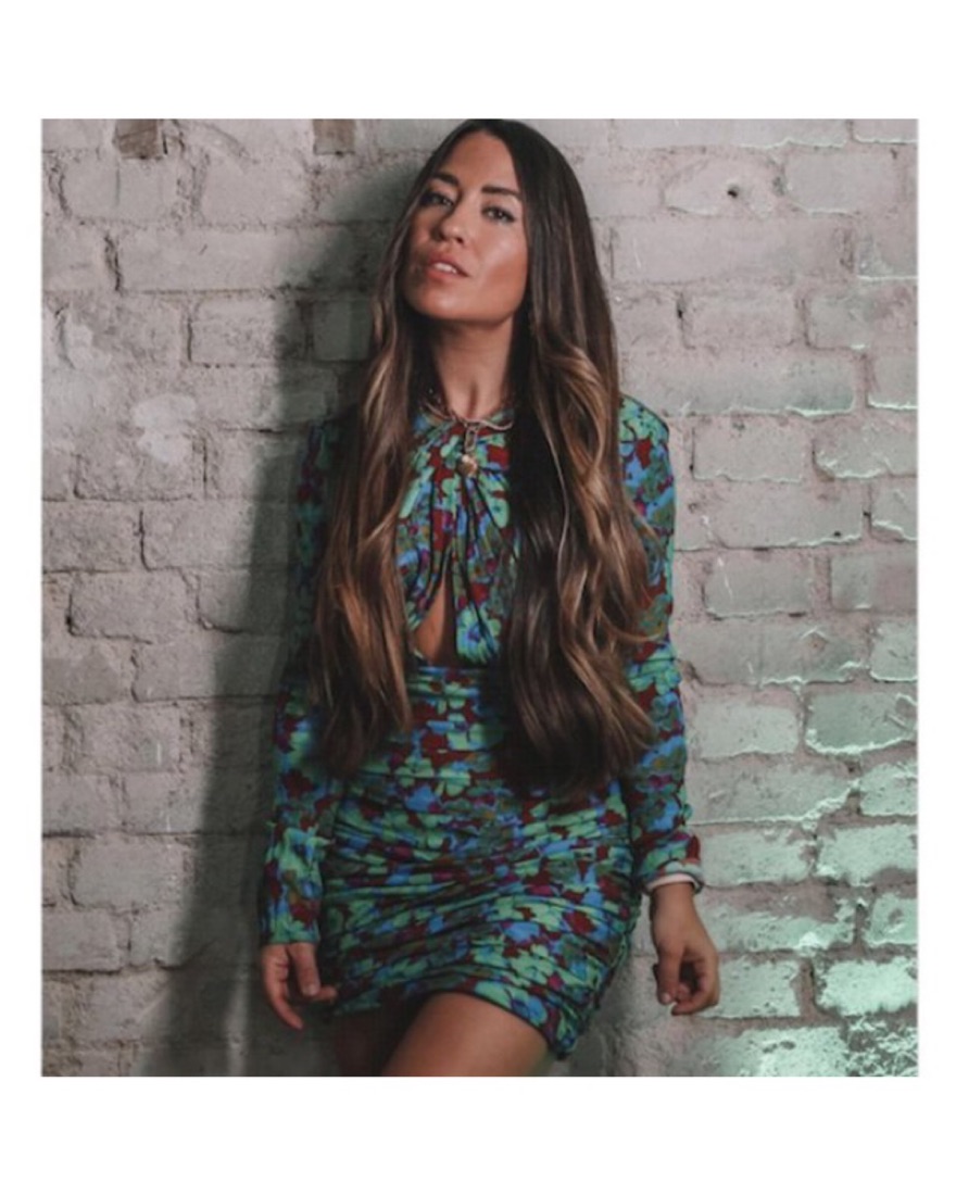 green emerald velvet dress Zara Green White and Purple Floral Dress- Size S – The Saved Collection main image 1