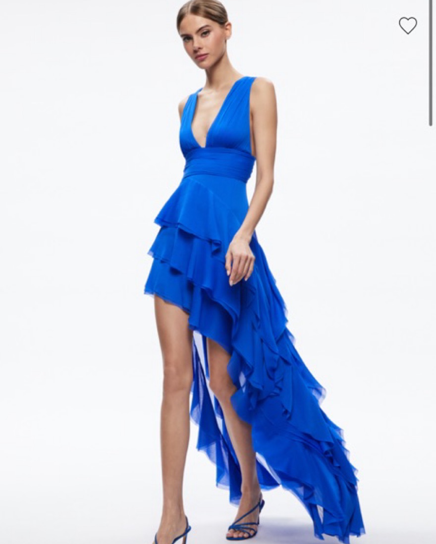 fitted lace wedding dress Alice + Olivia Kia Off the Shoulder Tiered Maxi Dress in Mineral Blue main image 0