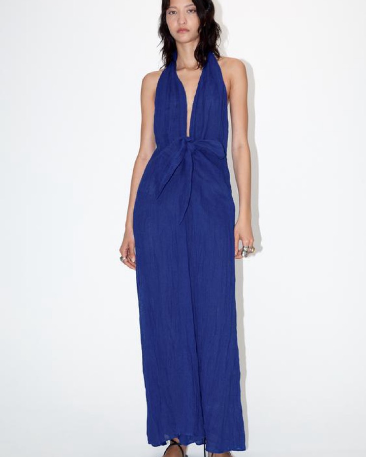 Zara Blue Linen Plunge Halter Dress by Zara - Pickle