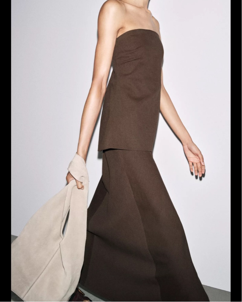 brown linen strapless dress Cara Pecan Embroidered Strapless Dress main image 0