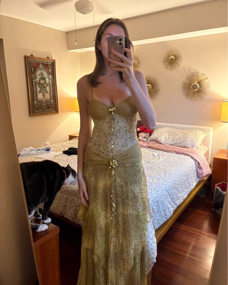 Elegant Gold/Green Lace Gown by Vintage Sue Wong - Pickle