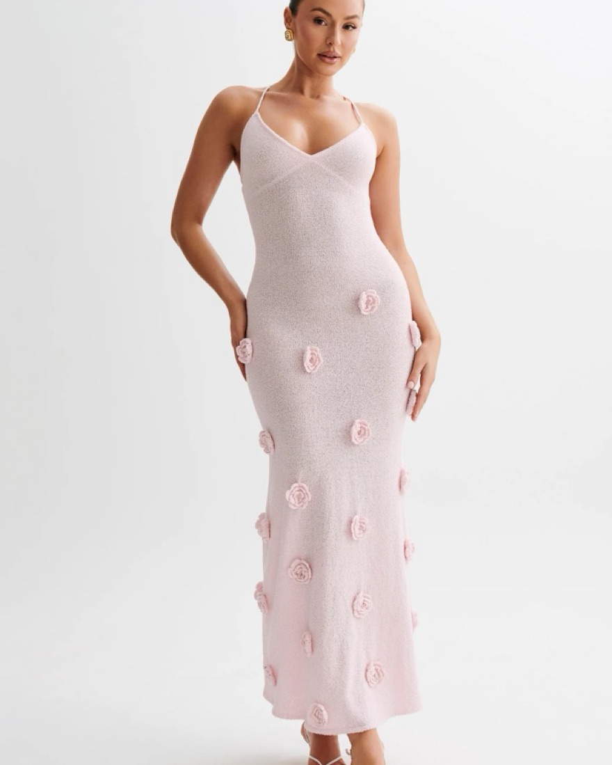 white christmas dresses Suki Knit Maxi Dress With Flowers - Nude