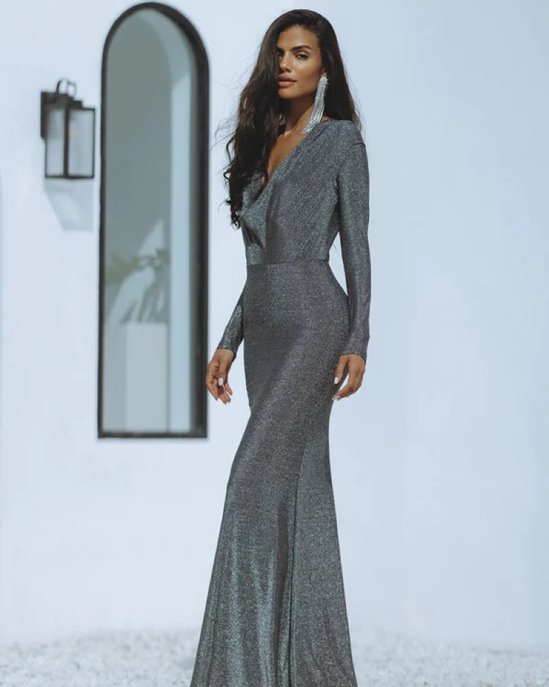 Long Sleeve Silver Gown - AMARA Dress - Image 2