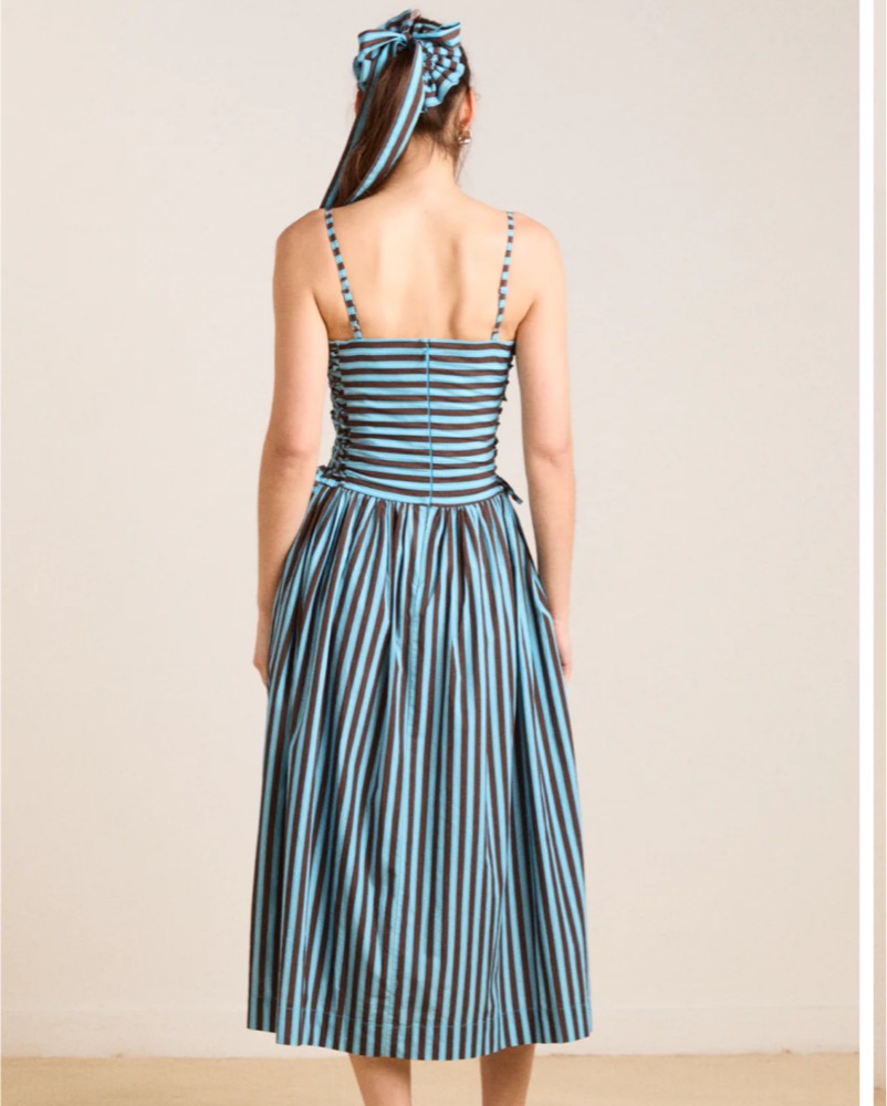 knee length dresses for ladies Angelina Midi Dress With Lace Up in Blue Choco Stripe – Isalis main image 1