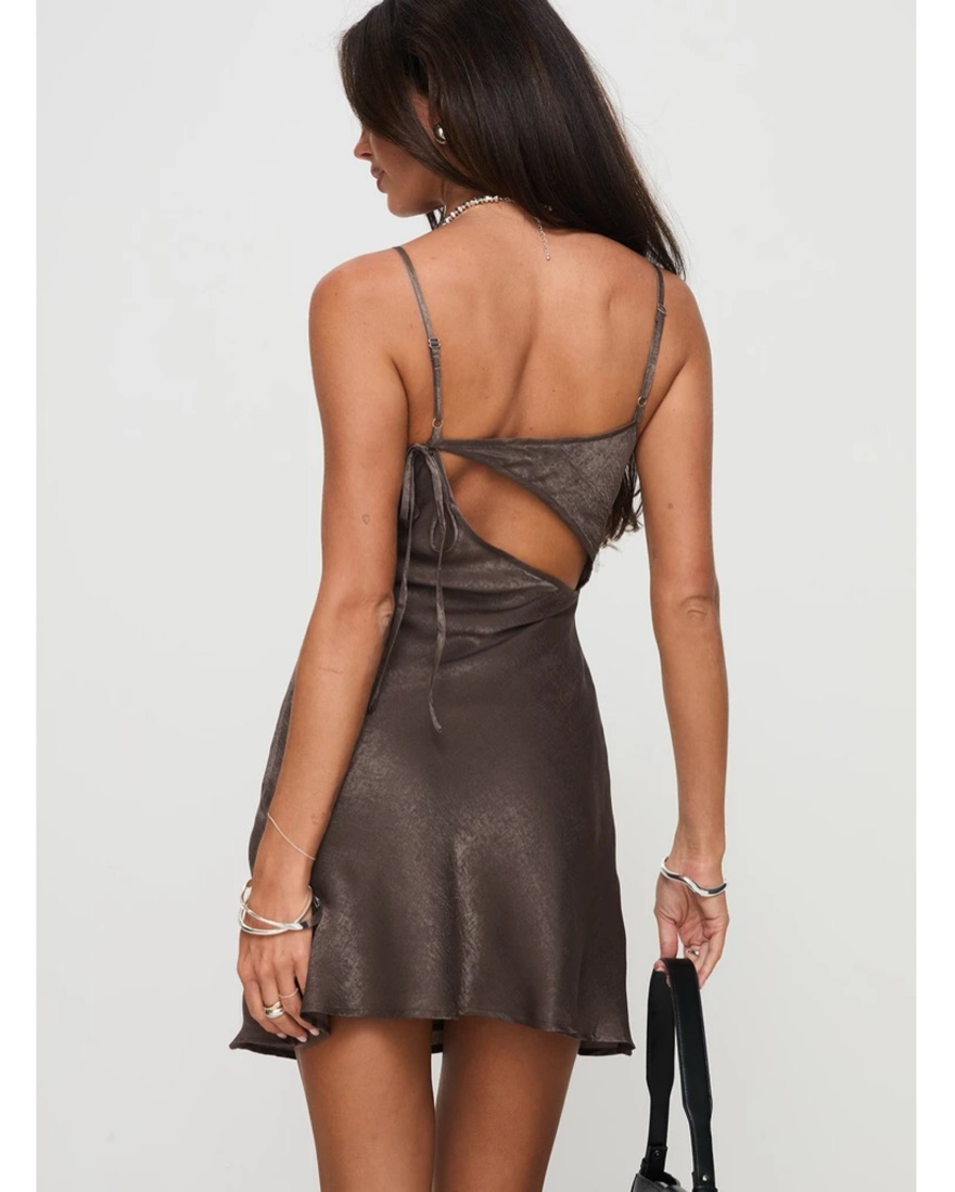 white christmas dresses Satin Bias-Cut Tie-Front Cutout Maxi Slip Dress in Sage Brown – Jaunts  Boutique main image 0