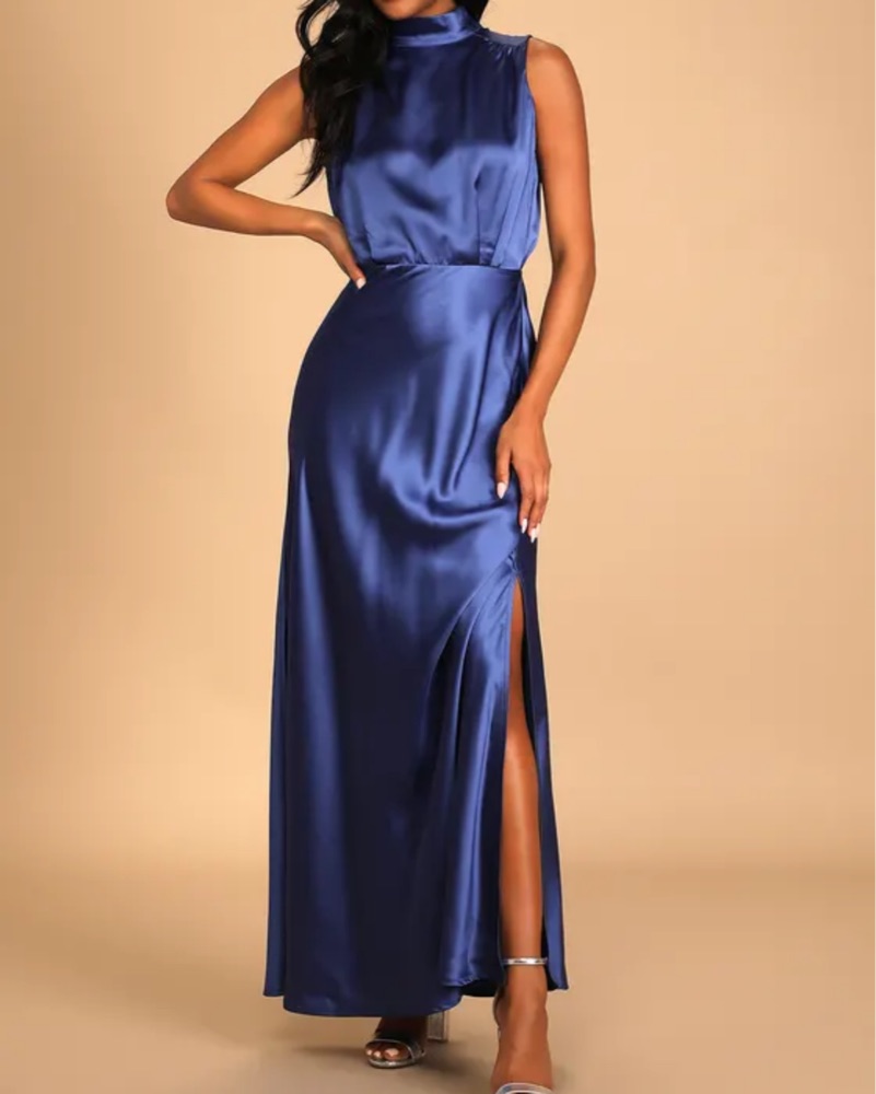 fitted lace wedding dress Midnight Blue Satin Tiered Maxi Dress M