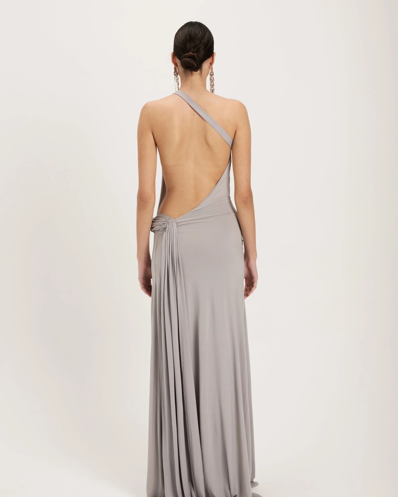navy blue dress for baby girl Halter Neck Grey Maxi Gown: Backless Formal Dress