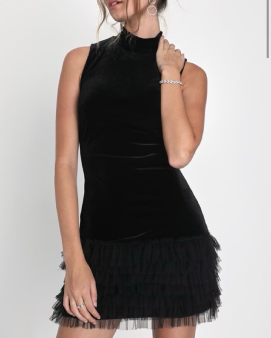 Velvet Mock Neck Mini Ruffle Dress - Image 1