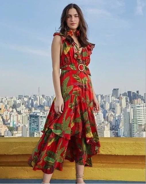 open lace back dress Farm Rio Women's Berry Garden Long Sleeve Dress - Red - Size XXS