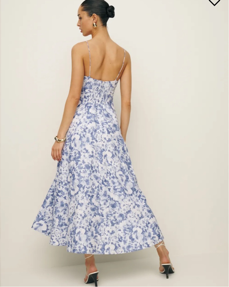 strapless open back dress Blue Floral Open Tie Back Midi Dress main image 0