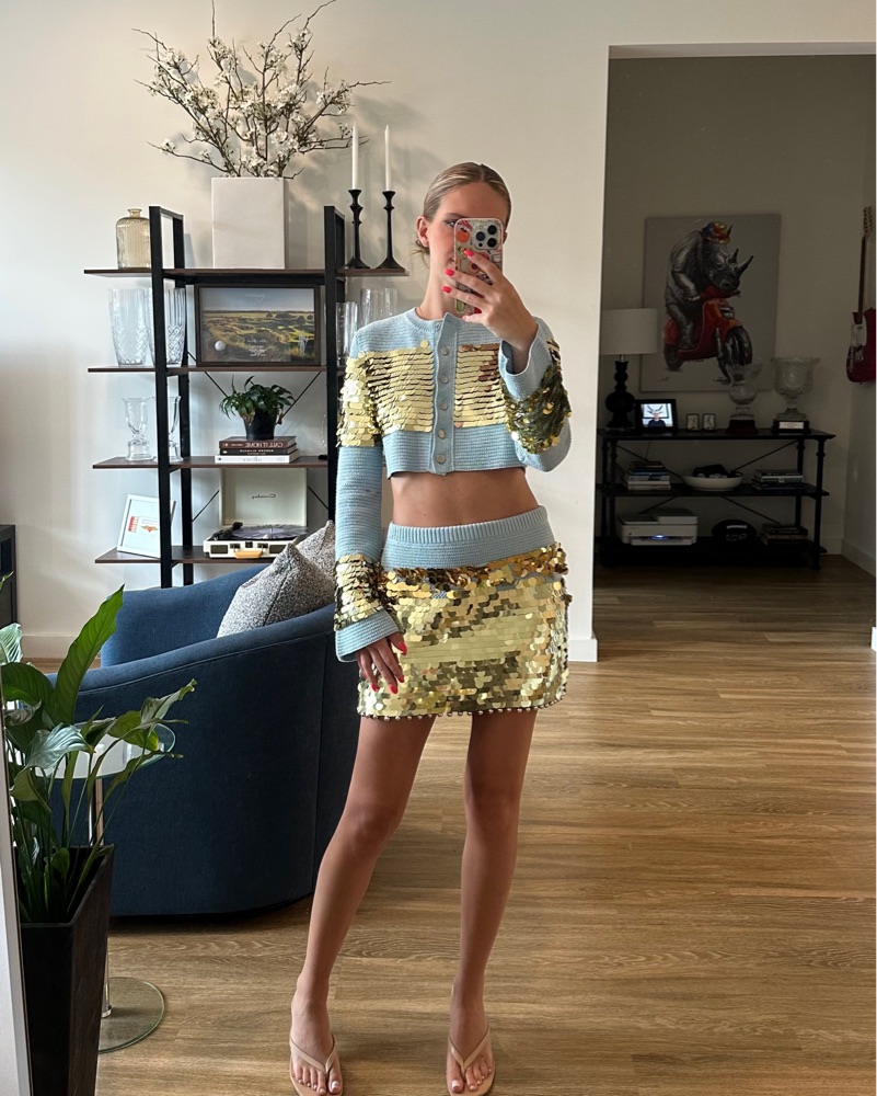 Ensemble Deux Pièces Michelle Nicole - Top Et Bolero Aqua Avec Paillettes Argent, Taille L